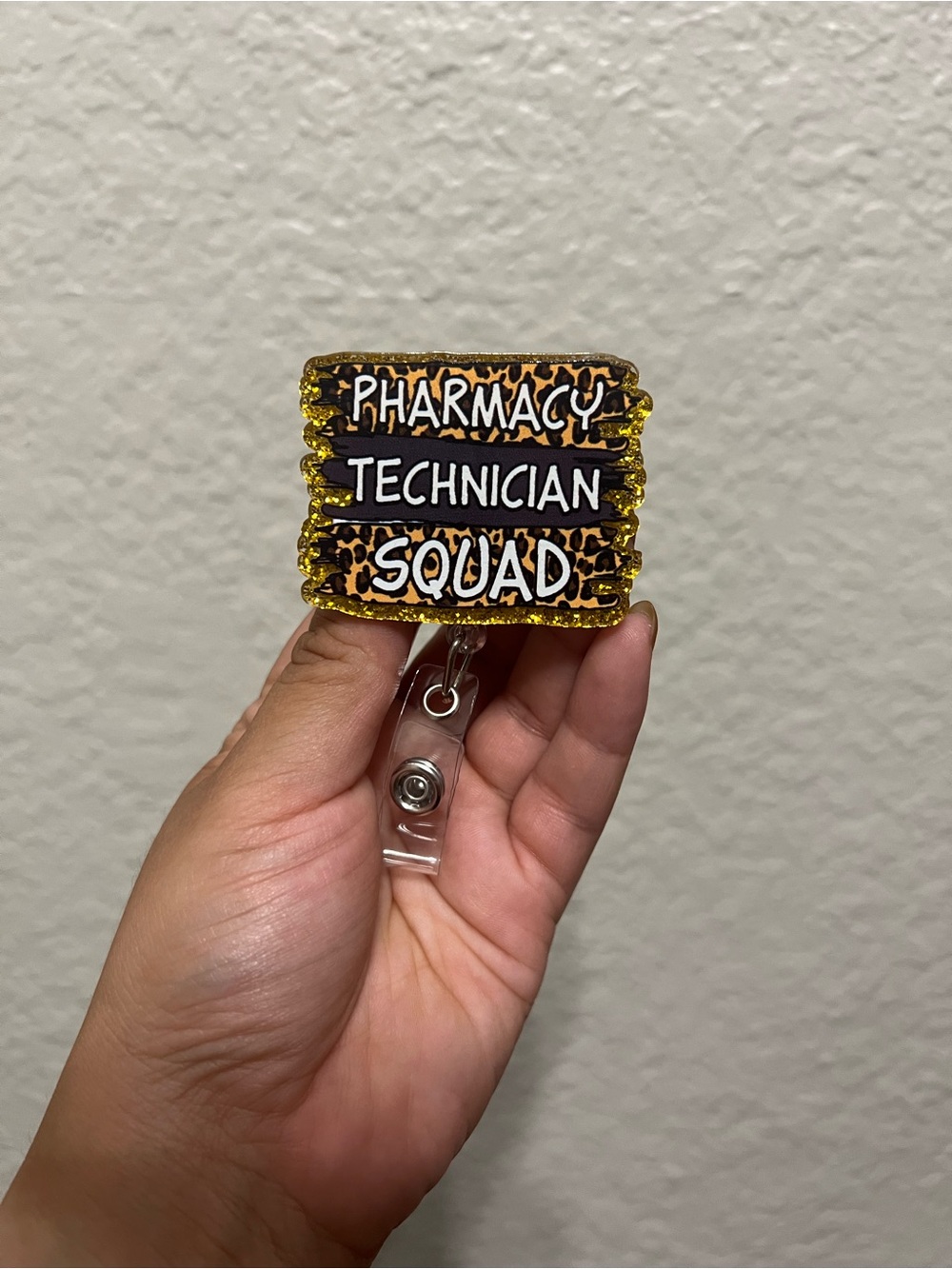 Pharmacy Technician Squad Badge Reel - Leopard Print Gold Glitter